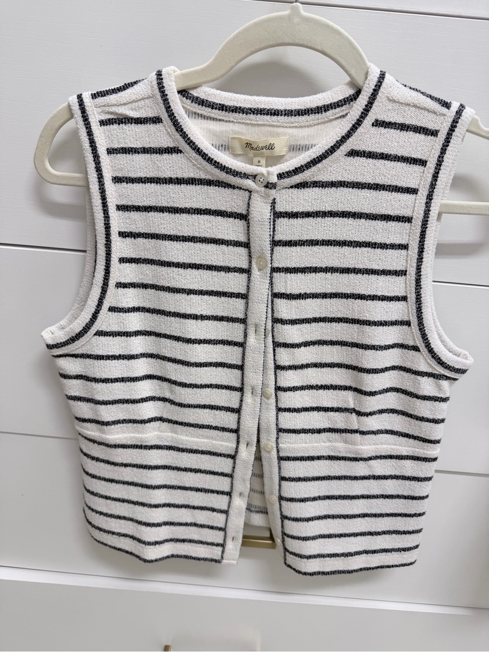 Madewell White and Black Striped Sleeveless Button Cardigan